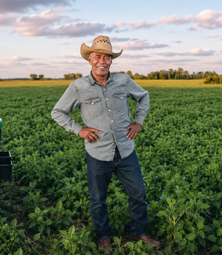 Produtor rural de chapéu em pé no meio da plantação ao entardecer