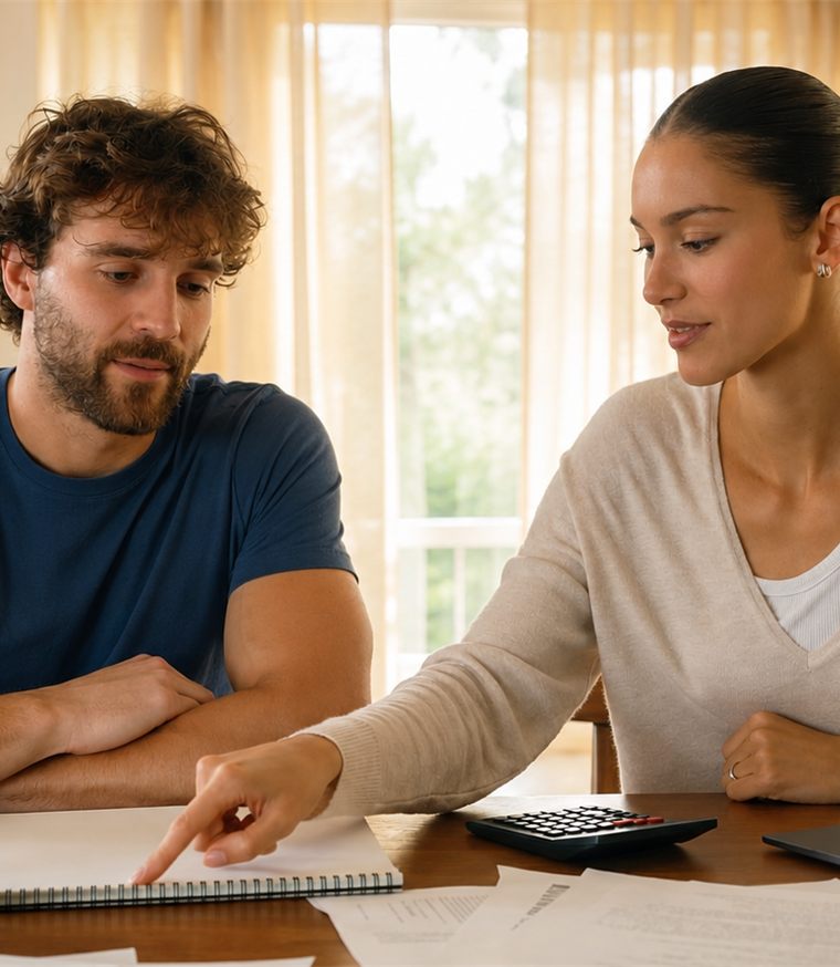 Casal conferindo as condições do financiamento no notebook