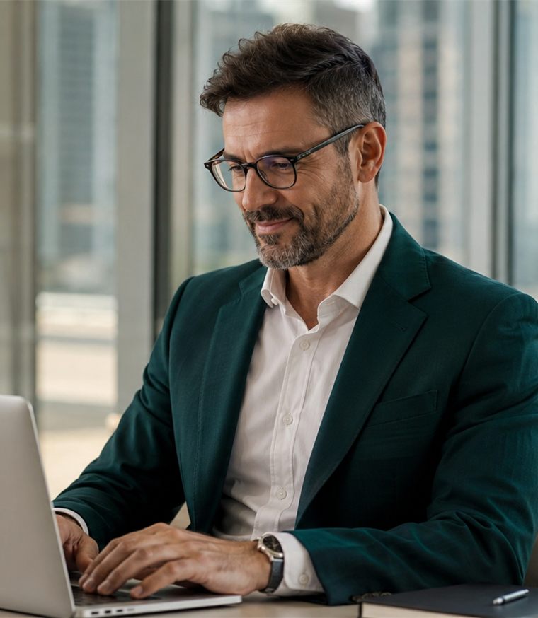 Especialista em investimentos trabalhando no notebook em escritório com vista para a cidade