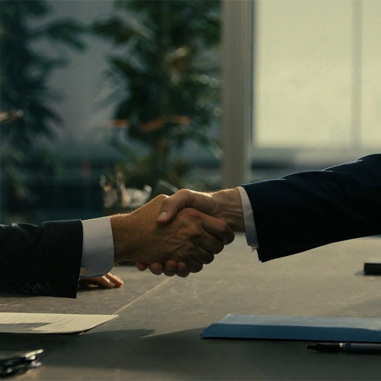 Aperto de mãos entre especialista e cliente em ambiente corporativo