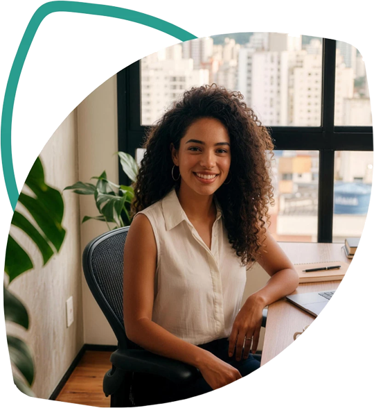 Investidora sorrindo em seu escritório, acompanhando os investimentos pelo celular