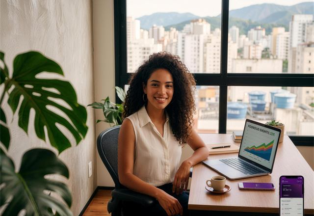 Investidor trabalhando no notebook em escritório com vista para a cidade