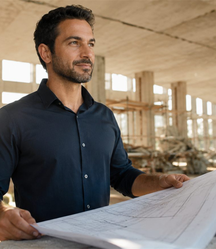 Engenheiro analisando a planta de um projeto em uma obra em andamento