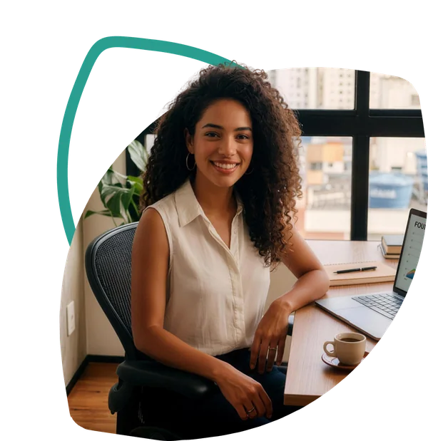 Parceira Baru sorrindo, sentada à mesa com um notebook