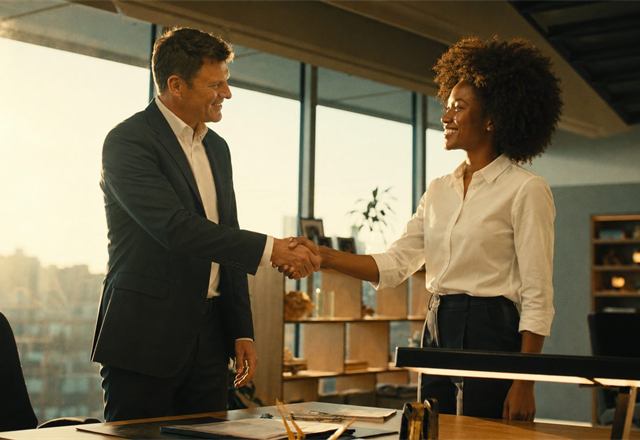 Especialista e empresário apertando as mãos em um escritório