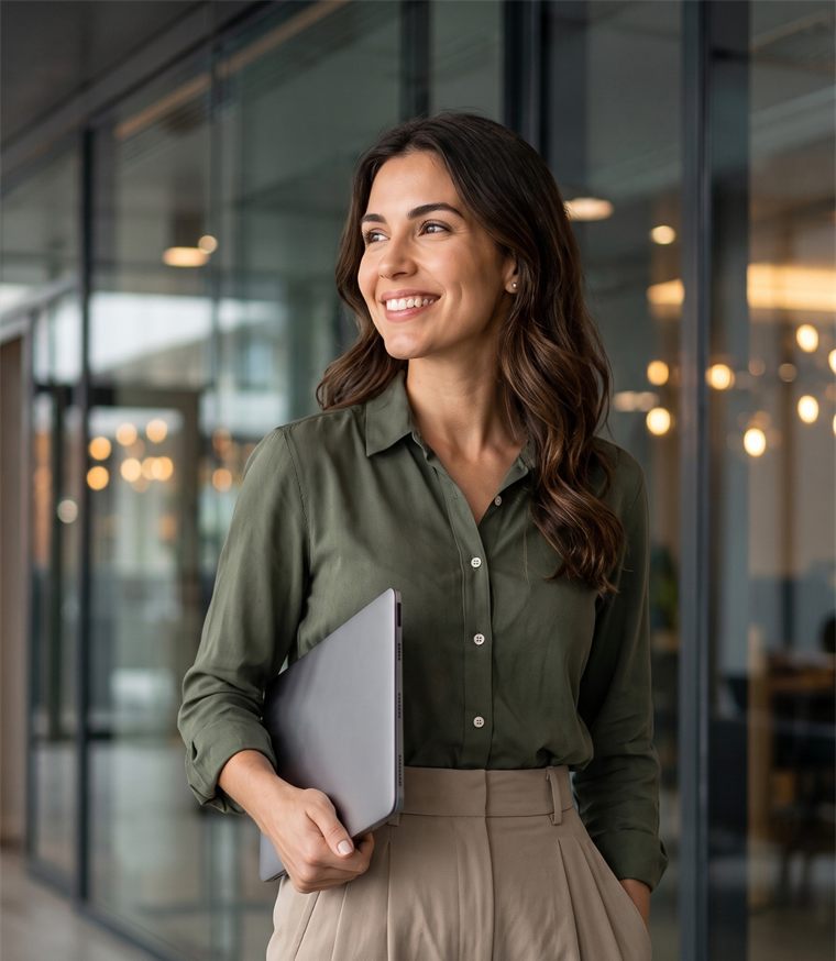 Profissional sorrindo, com um notebook na mão, em um corredor corporativo