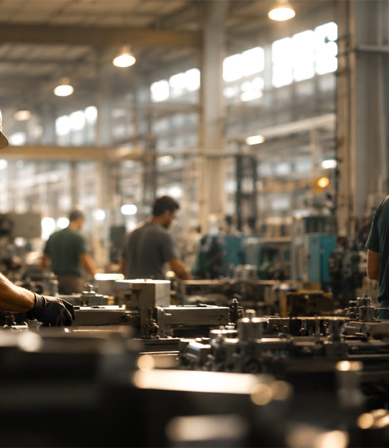 Linha de produção industrial com operadores trabalhando nas máquinas