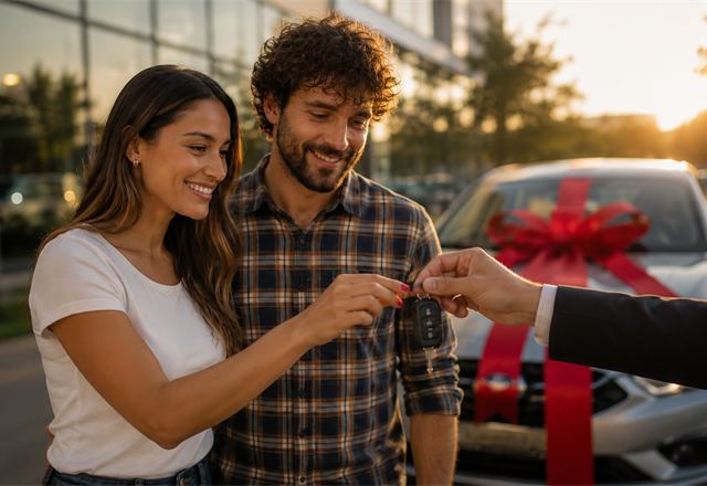 Casal recebendo a chave do carro novo